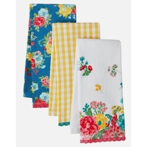 Pioneer Woman Fancy Flourish Kitchen Towels Country Farmhouse Lace Edge 3-pc NEW